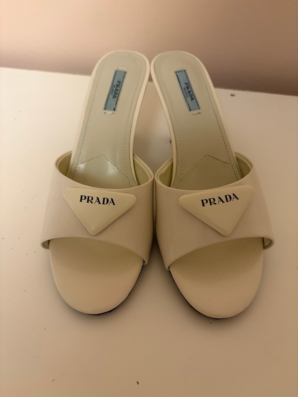 Prada Cream Leather Slide Mules with Logo Triangle gently worn sz 39